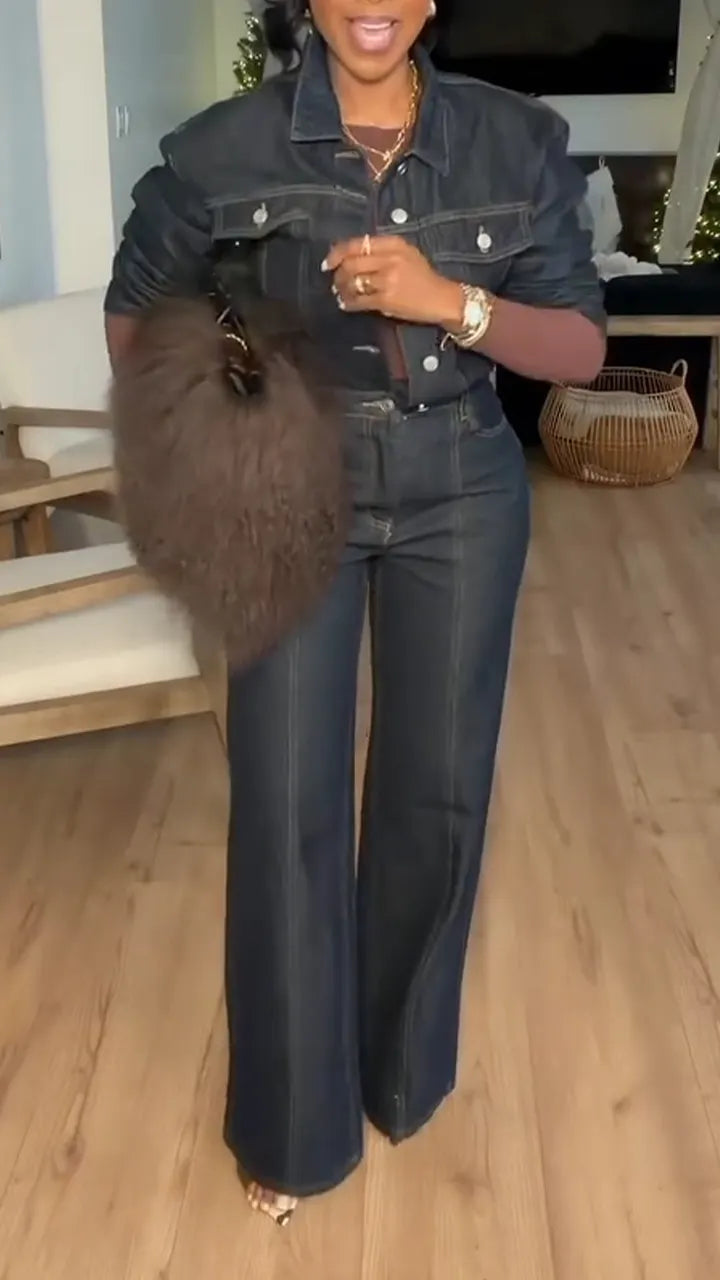 Women Laple Collar Jacket+ Pants Casual Denim Suit