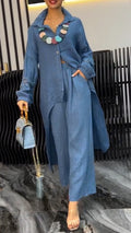 Women's Collar Irregular Splicing Printed Hollow Out Long Top+loose Pants Casual Suit