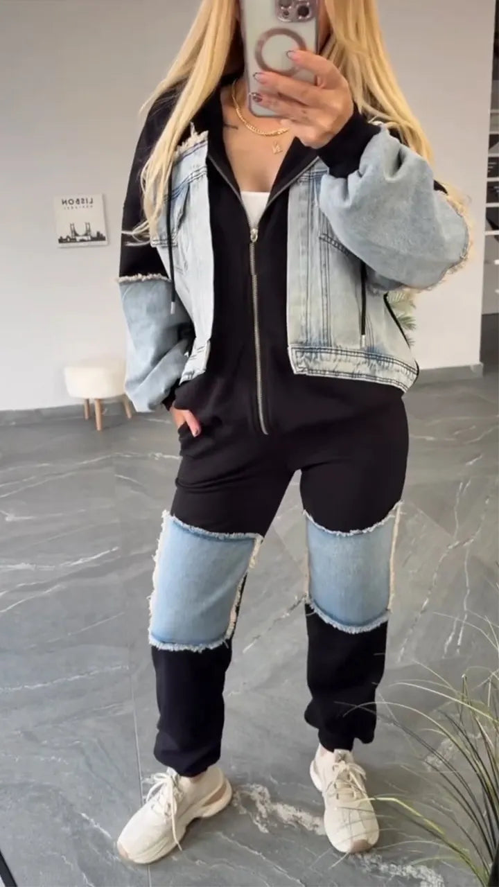 Women Collared Patchwork Denim Casual Suit