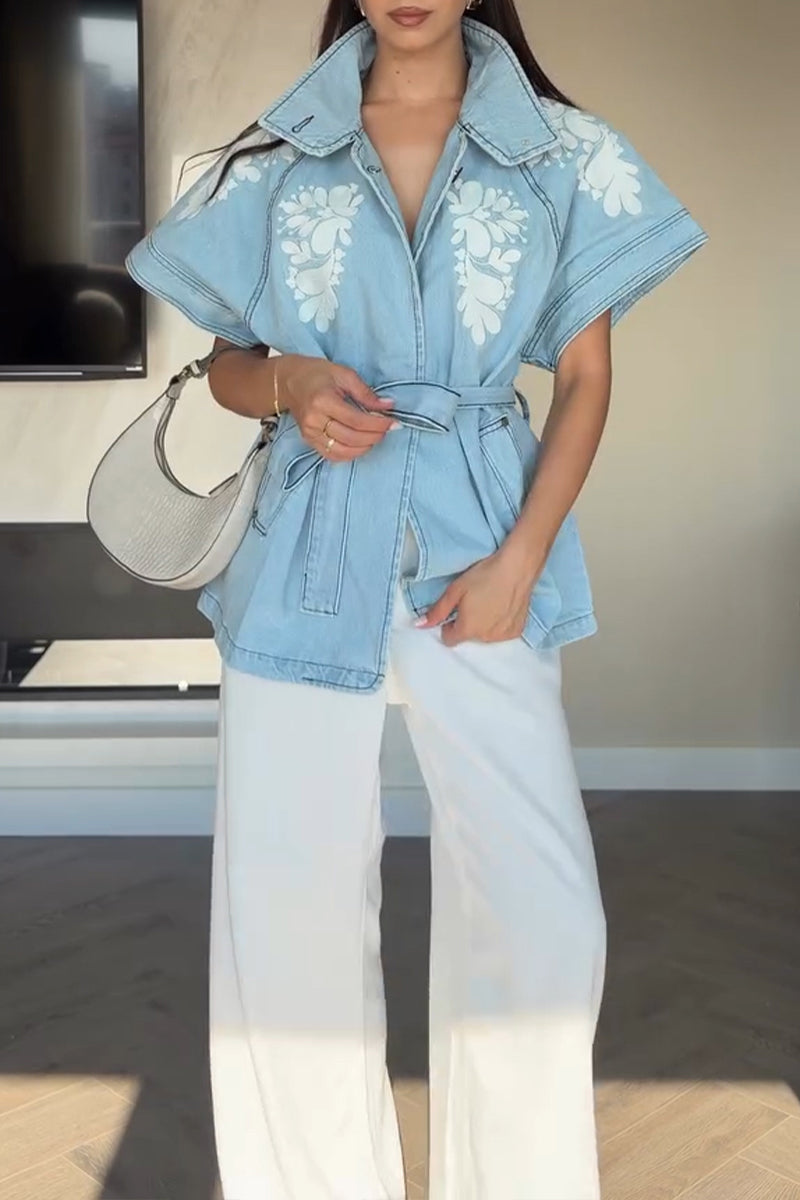 Women's Casual Wide Shoulder Floral Pattern Waist Cinching Denim Vest with Belt