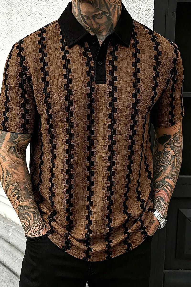 Men's Colorblock Polo Shirt, Retro Geometric Jacquard Casual Top