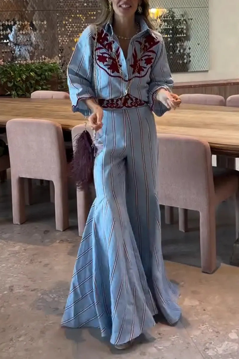 Women Collar Printed Top+ Wide Leg Pants Casual Set with Temperament