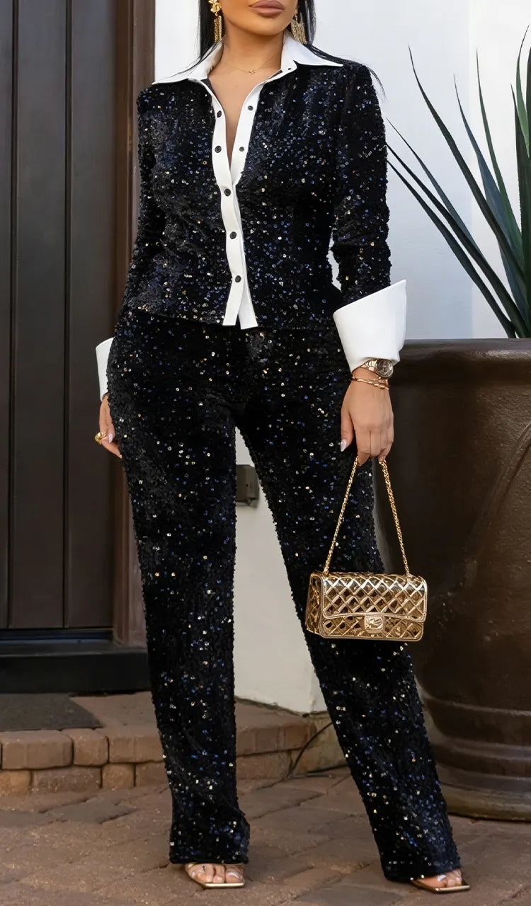 Women Lapel Sequined Temperament Casual Suit