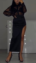 Women Lapel Printed Hollow Top + Slit Skirt Sexy Temperament Suit