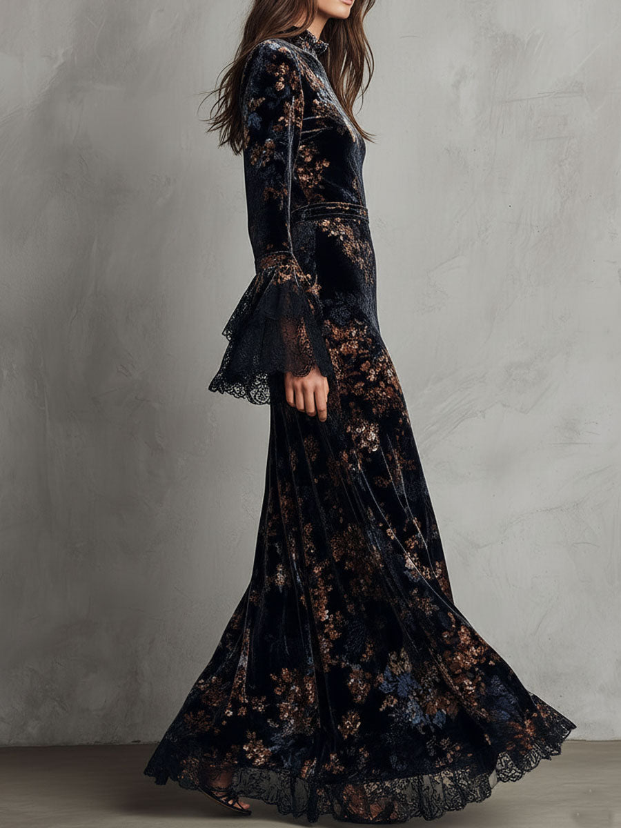 Midnight Floral Velvet Flowing Gown With Lace-Trim Bell Sleeves