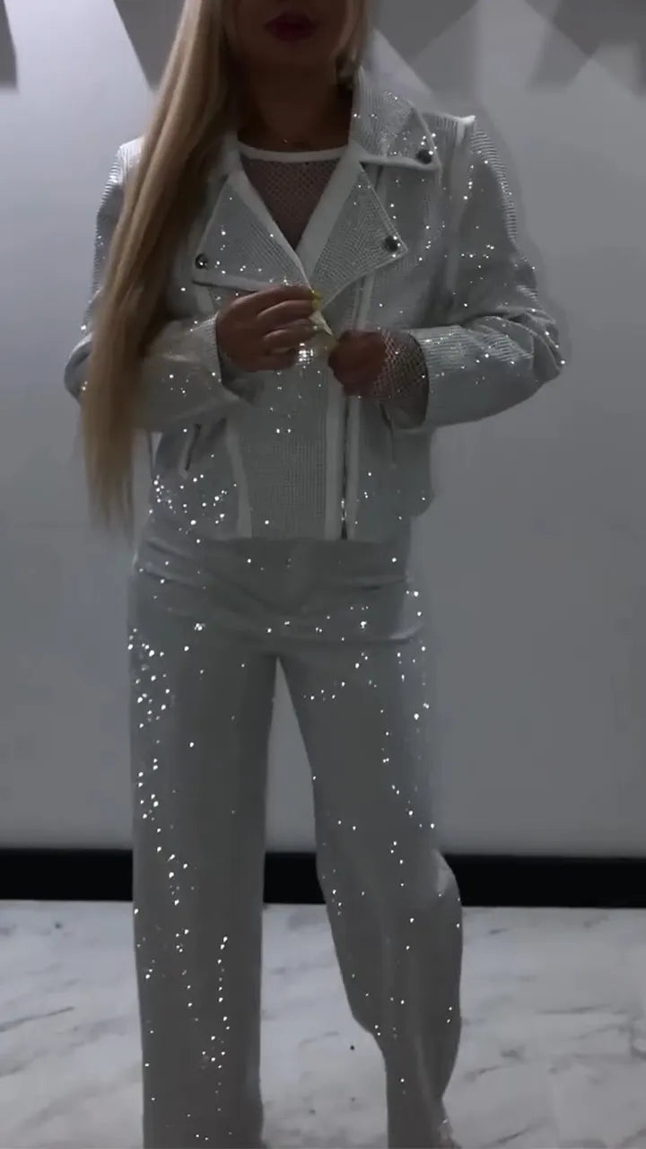 Women Laple Collar Hot Diamond Jacket+ Pants Sparkling Casual Set