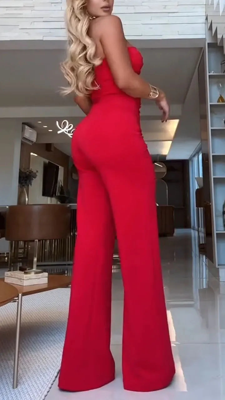 Women Strapless Hollow Metal Buckle Decoration Sexy Temperament Dinner Party Jumpsuit