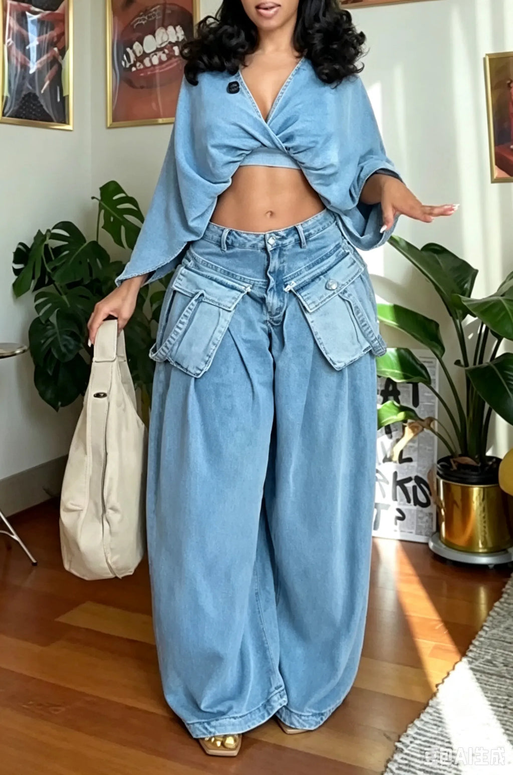 Women's Fashion Batwing Sleeve Short Denim Top or 3D Pocket Jeans