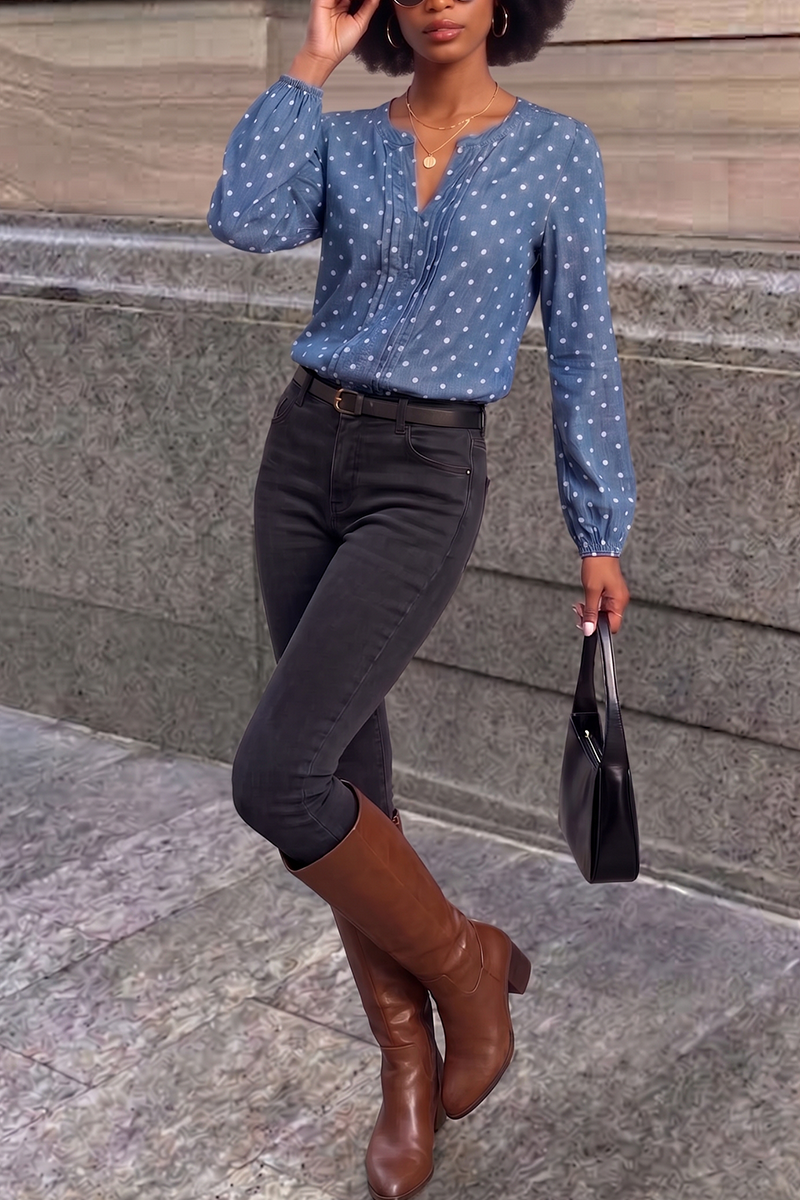 Women's Azure Dotted Split-Neck Chambray Blouse