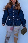Women's Round Neck Buckle Splicing Waist Cinching Casual Denim Jacket