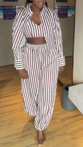 Women Collar Vertical Stripe Casual Three Piece Set