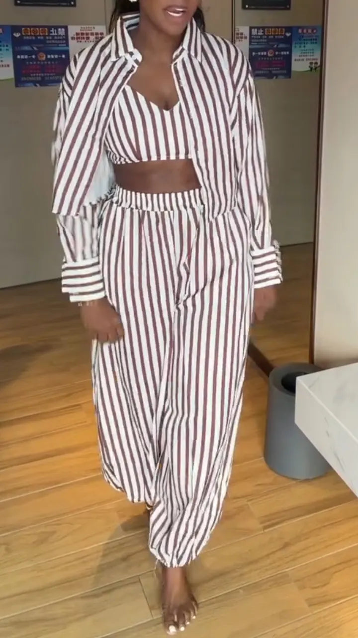 Women Collar Vertical Stripe Casual Three Piece Set