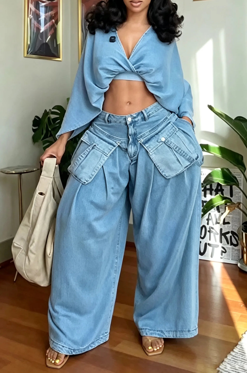 Women's Fashion Batwing Sleeve Short Denim Top or 3D Pocket Jeans