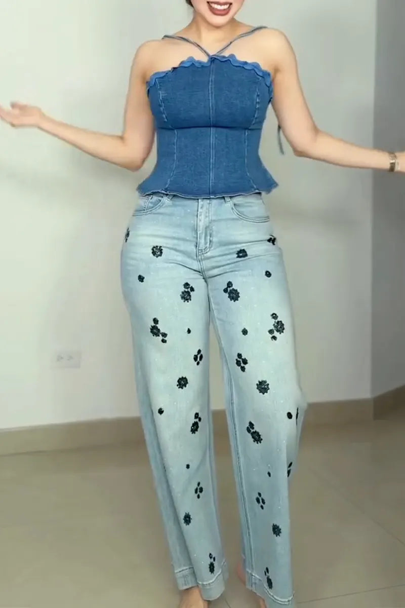 Women's Casual Halter Denim Vest or Shiny Jeans