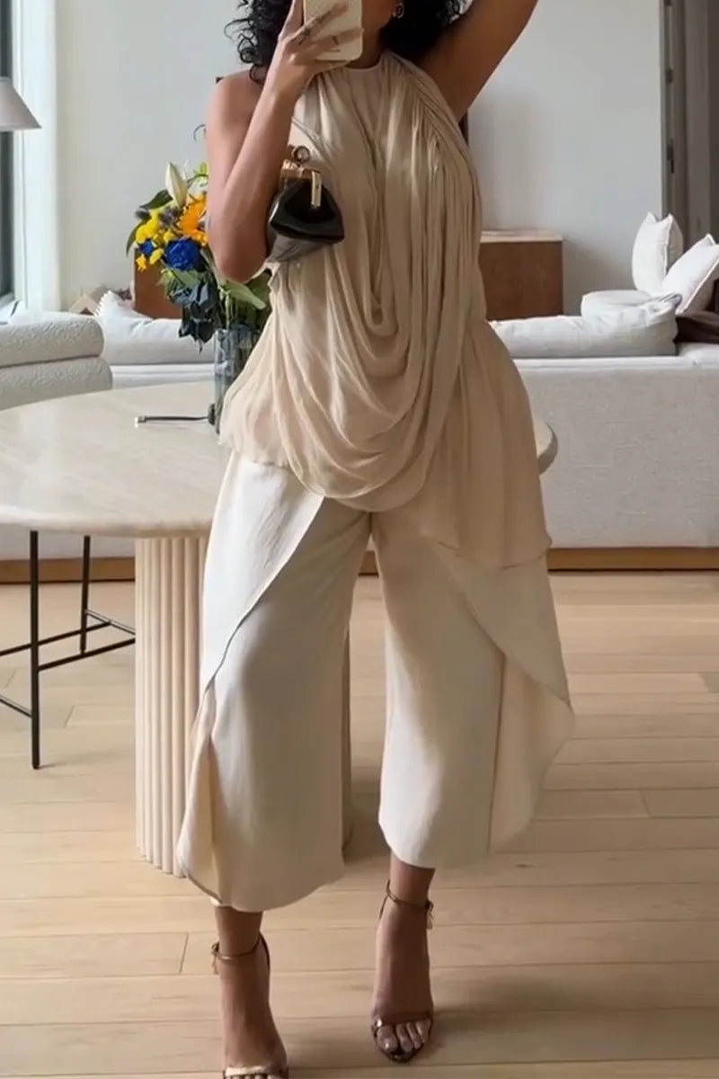 Women Round Neck Casual Irregular Top or Spliced Wide Leg Pants