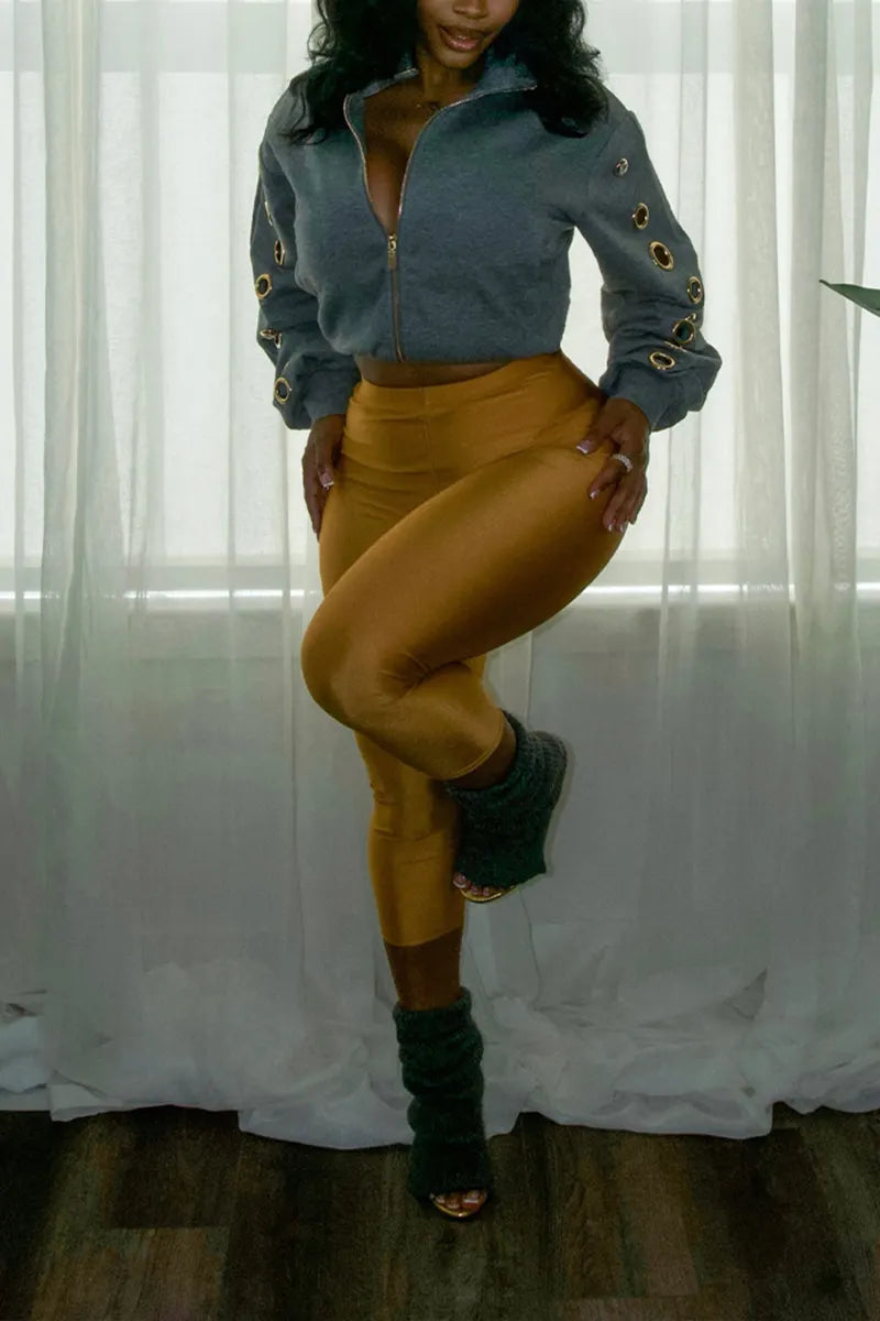Women's Casual Metal Cut-Out Decoration Jacket or Pants