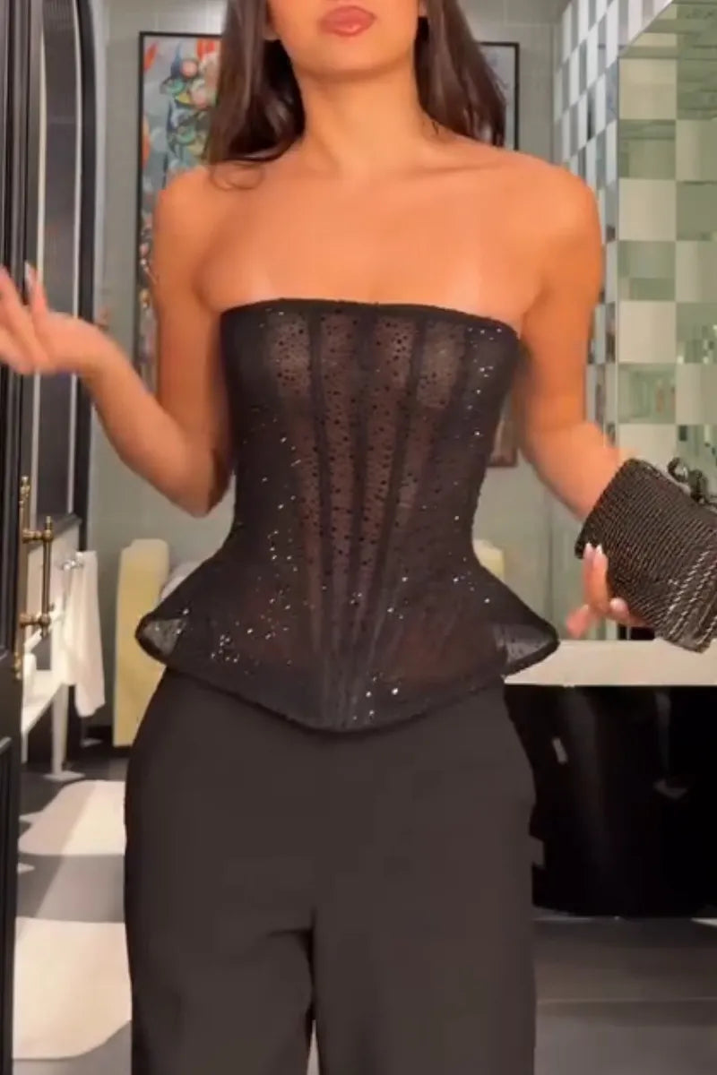 Women's Strapless and Diamond Hot Stamping Elegant and Sexy Fishbone Top