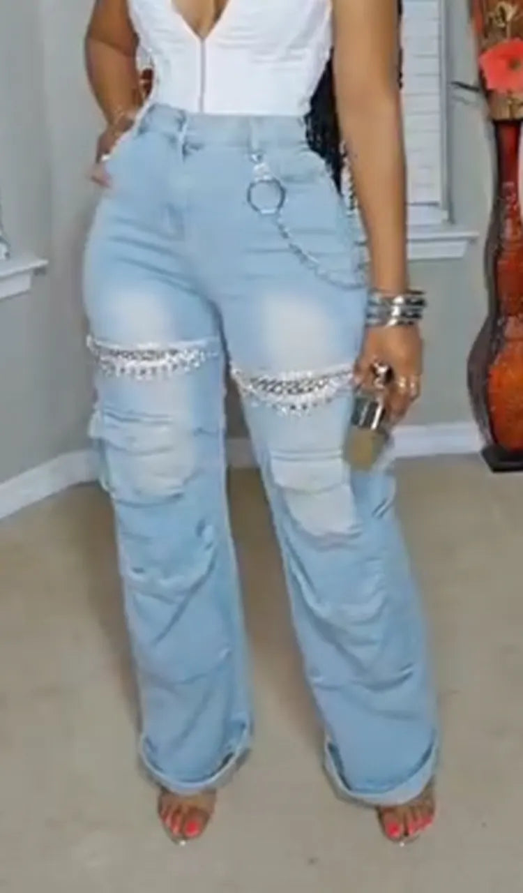 Women Patchwork Multi-pocket Rhinestone Washed Casual Jeans
