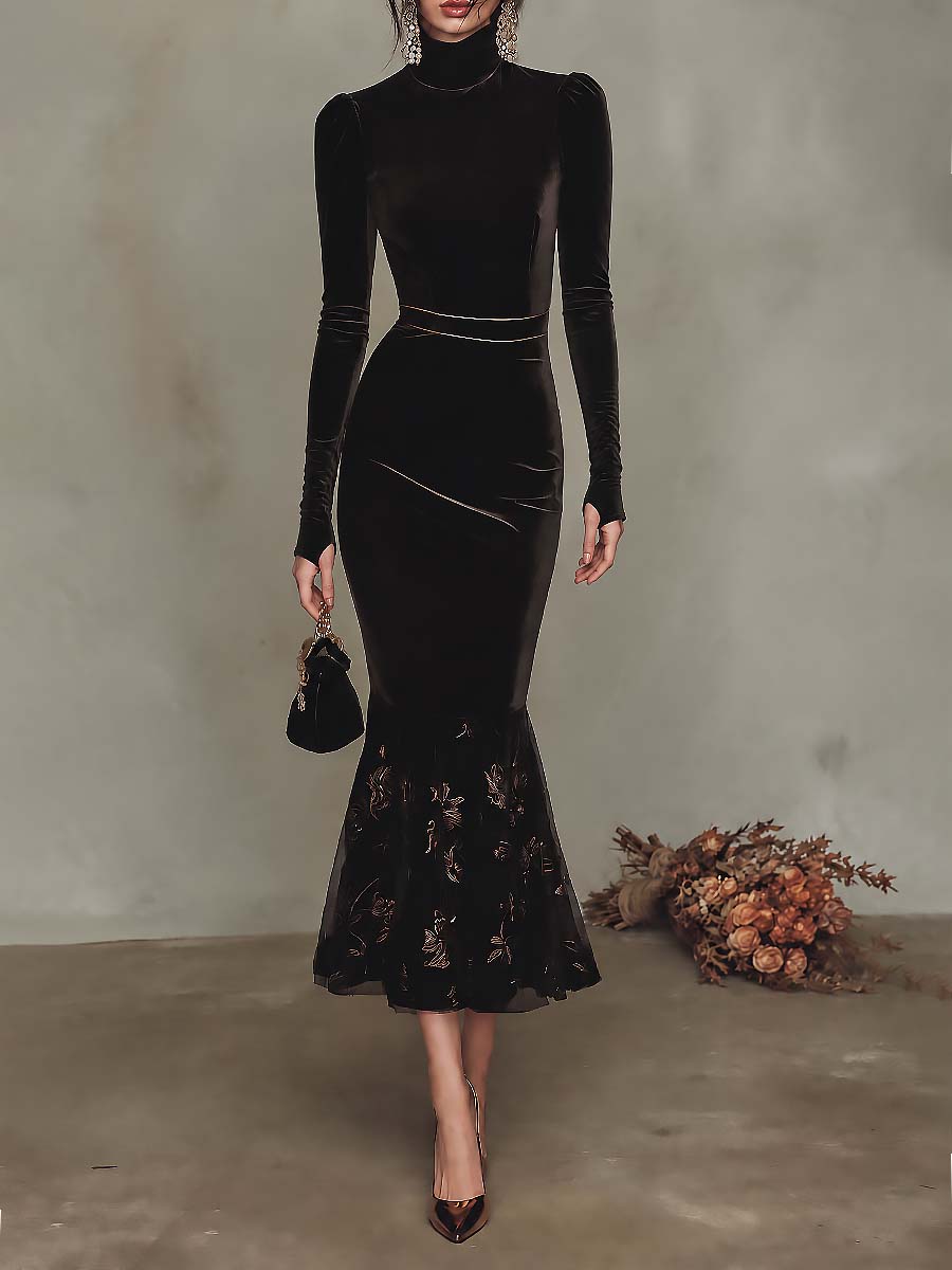 Black Velvet Mock Neck Long Sleeve Bodycon Mermaid Midi Dress with Floral Mesh Hem