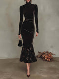 Black Velvet Mock Neck Long Sleeve Bodycon Mermaid Midi Dress with Floral Mesh Hem