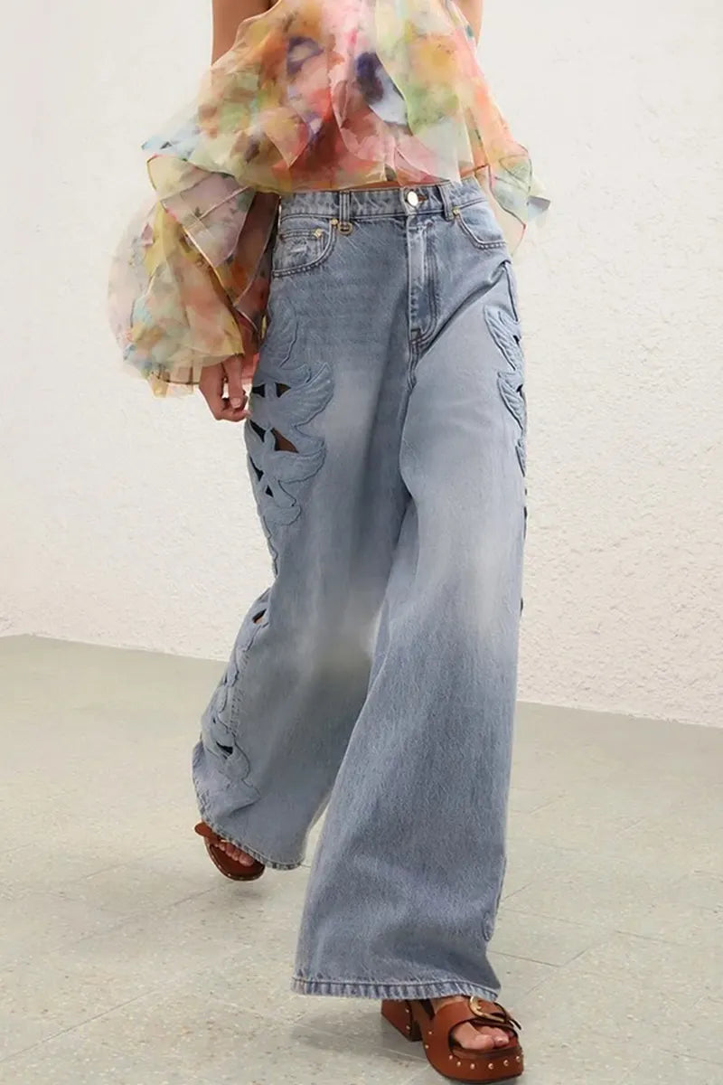 Women Stand Up Collar Patchwork Lace Patterned Top or Washed Side Patterned Hollowed Out Jeans