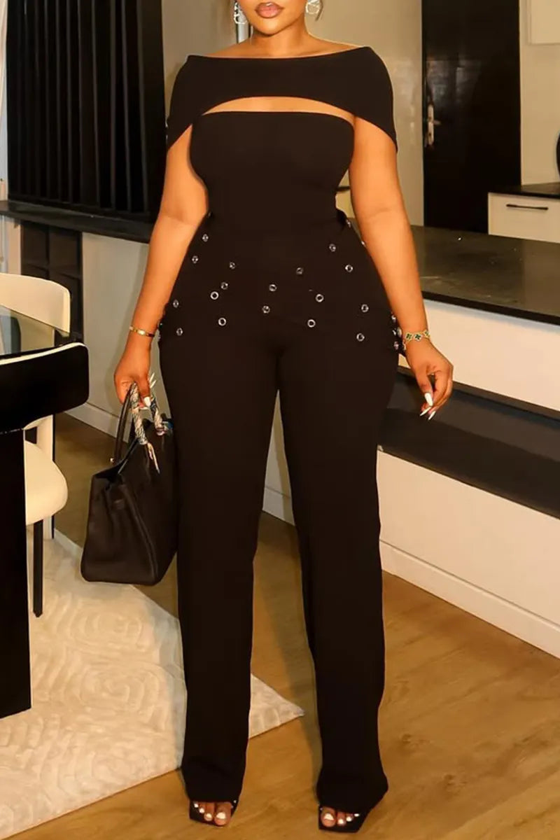 Women Casual One-piece Collar Spliced Top or Spliced Metal Buckle Pants