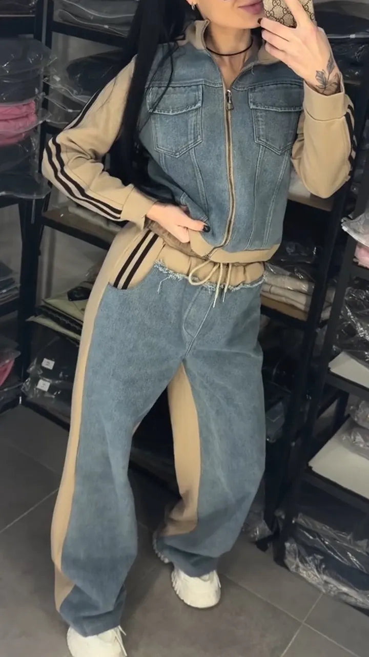 Women Collared Patchwork Denim Casual Jacket + Jeans Casual Suit