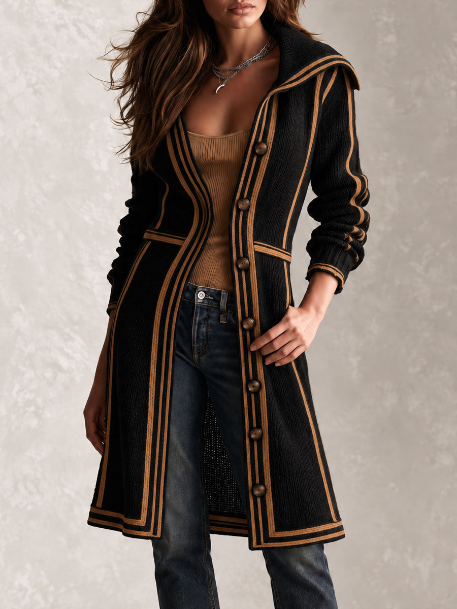 Retro Black Knit Long Tailored Cardigan Coat With Contrast Trim