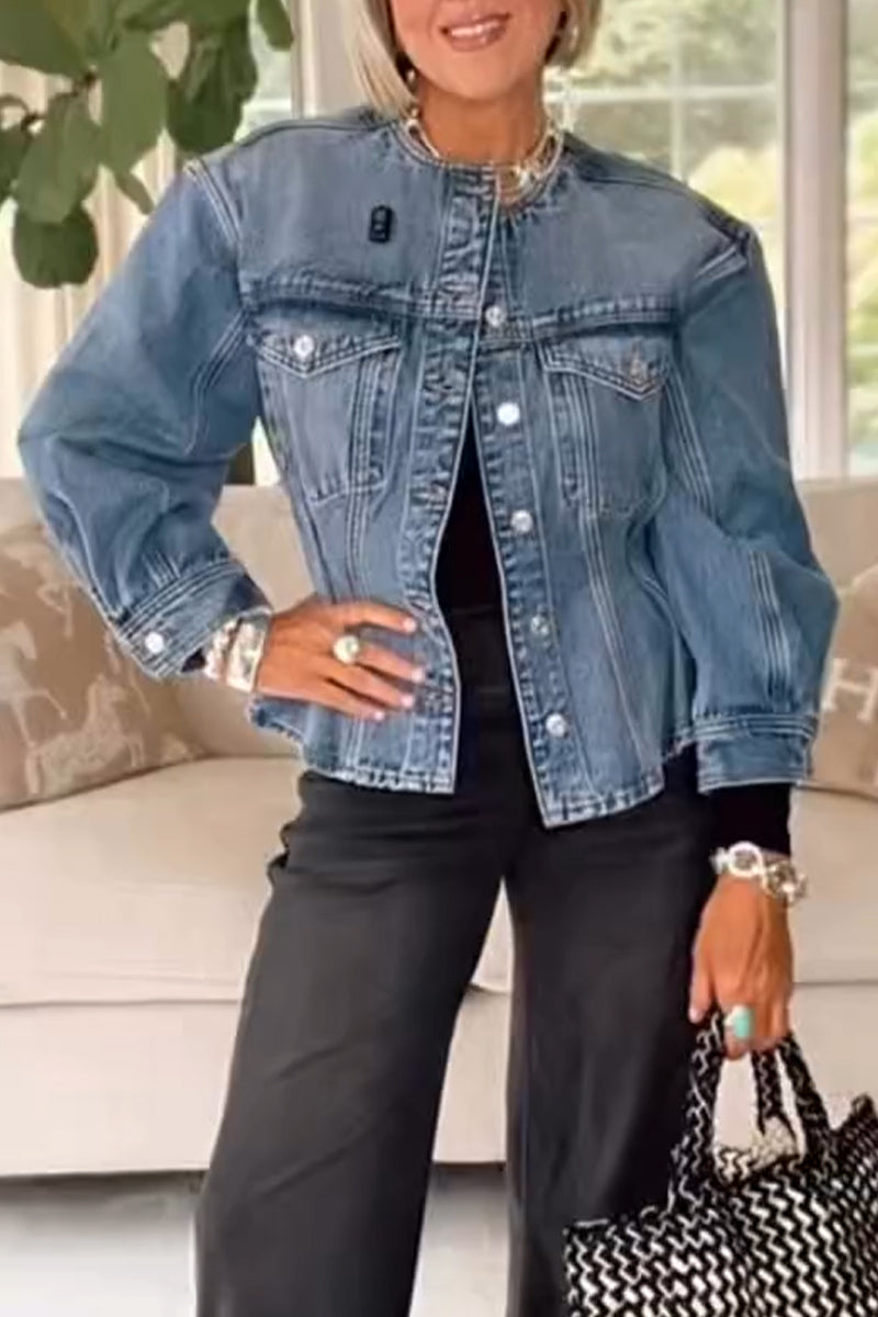 Women's Round Neck Spliced Casual Denim Jacket