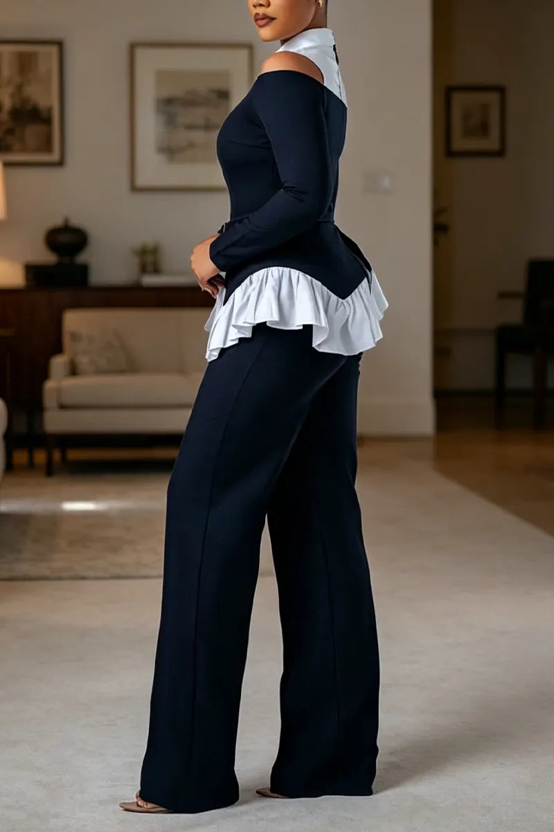 Women Collar Patchwork Fake Two Piece Elegant Temperament Jumpsuit