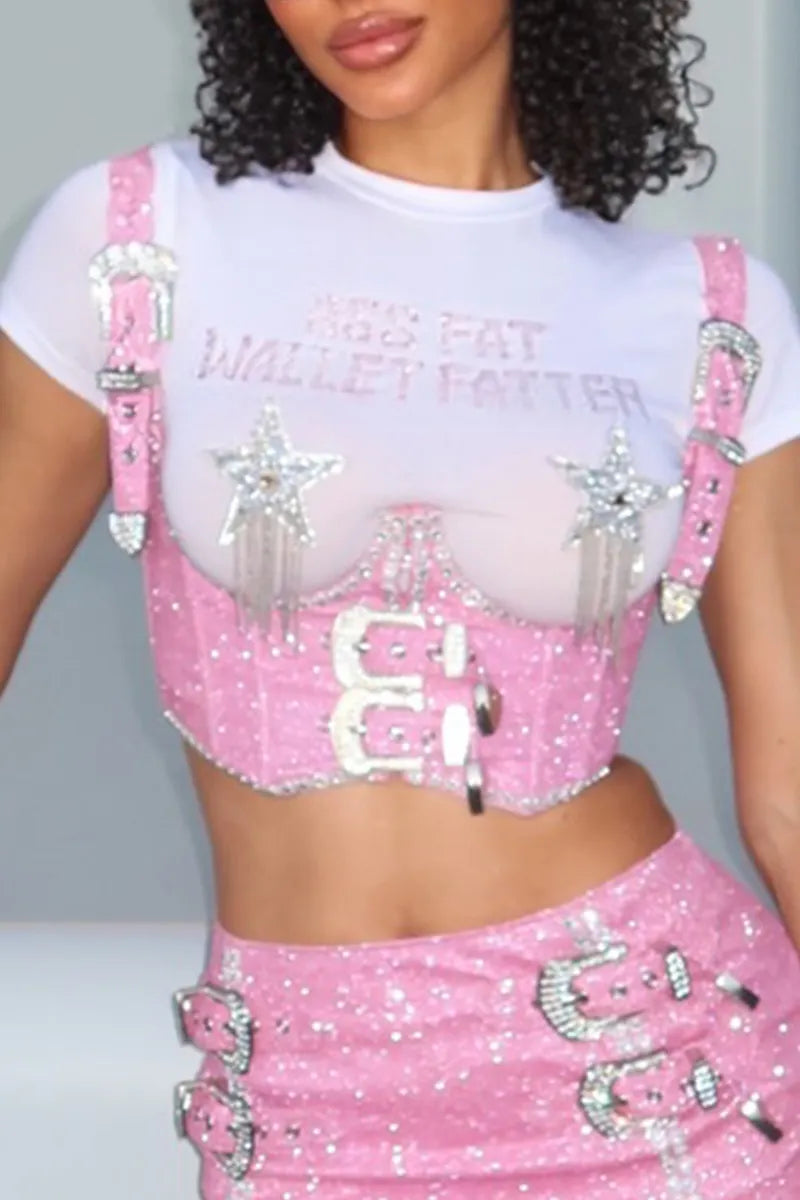 Women's Halter Neck Back Tie Rhinestone Party Top Or Rhinestone Tassel Short Skirt(The Inner Layer Of The Top Is Not For Sale)