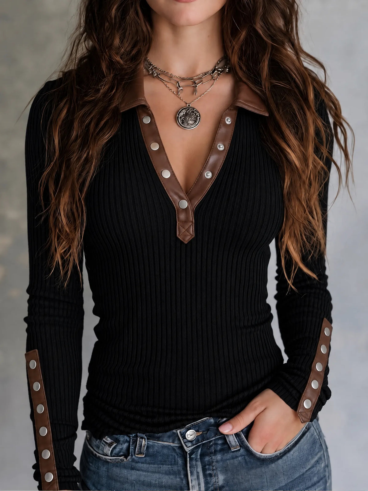 Retro Black Ribbed Knit Brown Faux Leather Trim Sweater
