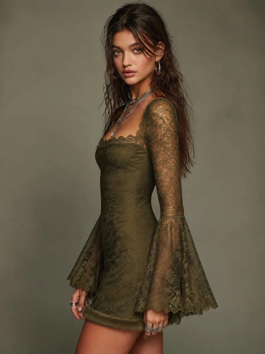 Olive Green Lace Square Neck Bell Sleeve Bodycon Mini Dress with Faux Fur Hem