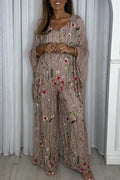 Women U-neck Embroidered Flower Top+Wide Leg Pants Loose Casual Set