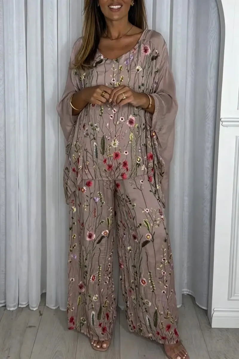 Women U-neck Embroidered Flower Top+Wide Leg Pants Loose Casual Set
