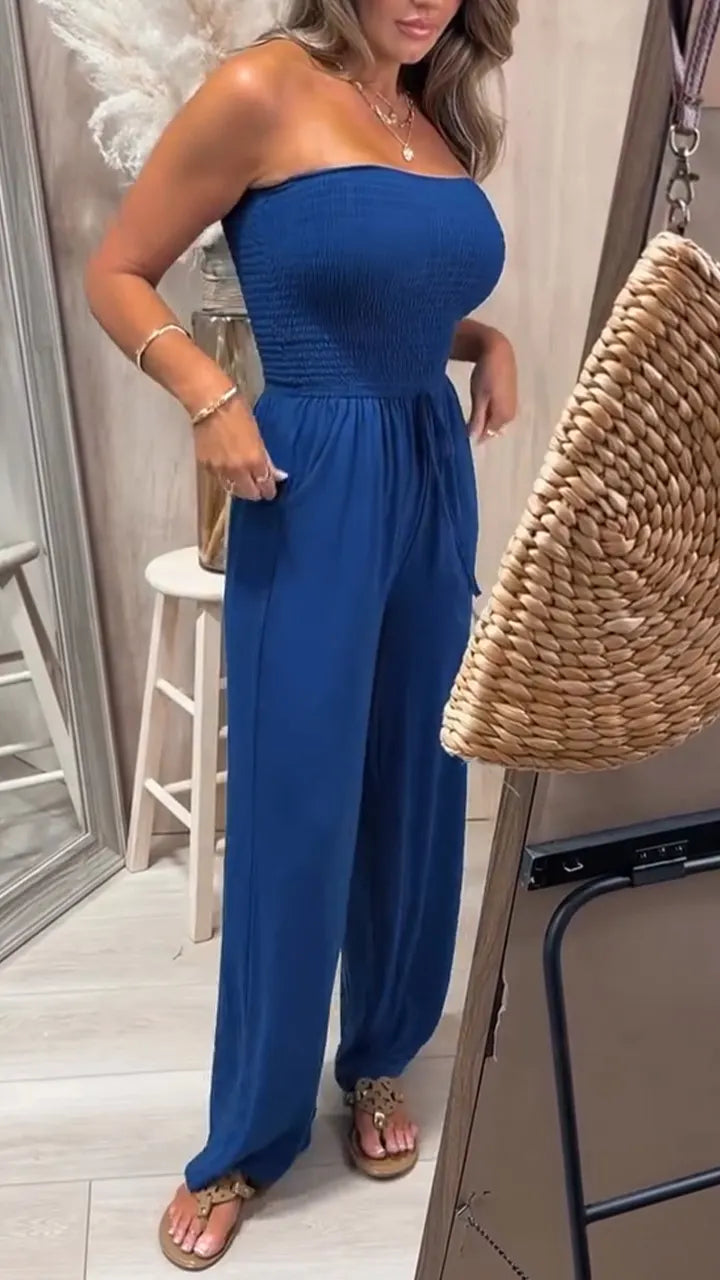 Women Off-shoulder Strapless Jumpsuit In A Casual Solid Color