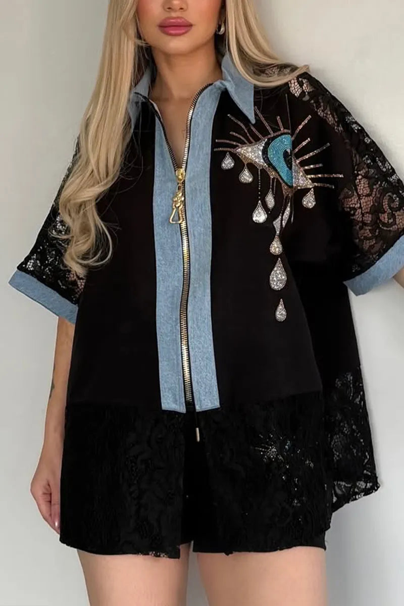 Women Collar Hot Stamping Diamond Pattern Splicing Denim Top+ Shorts Casual Set