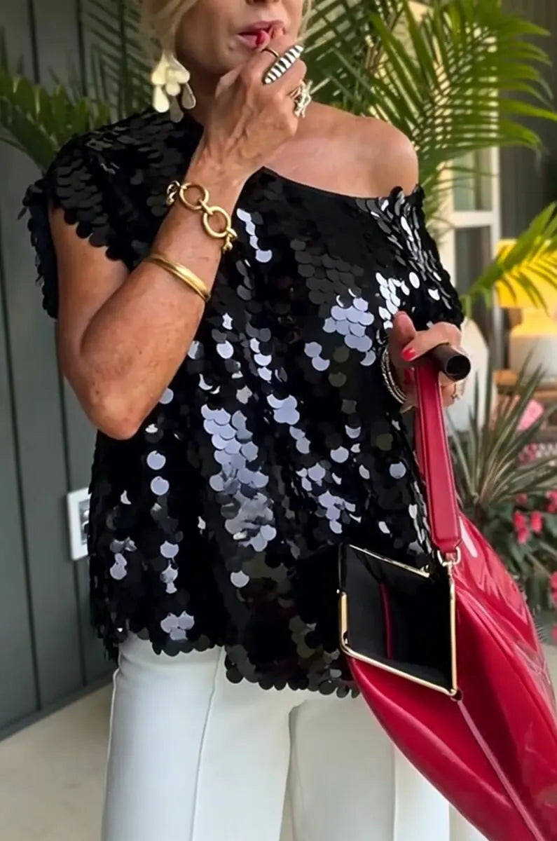 Women's Diagonal Collar Sequin Casual Top