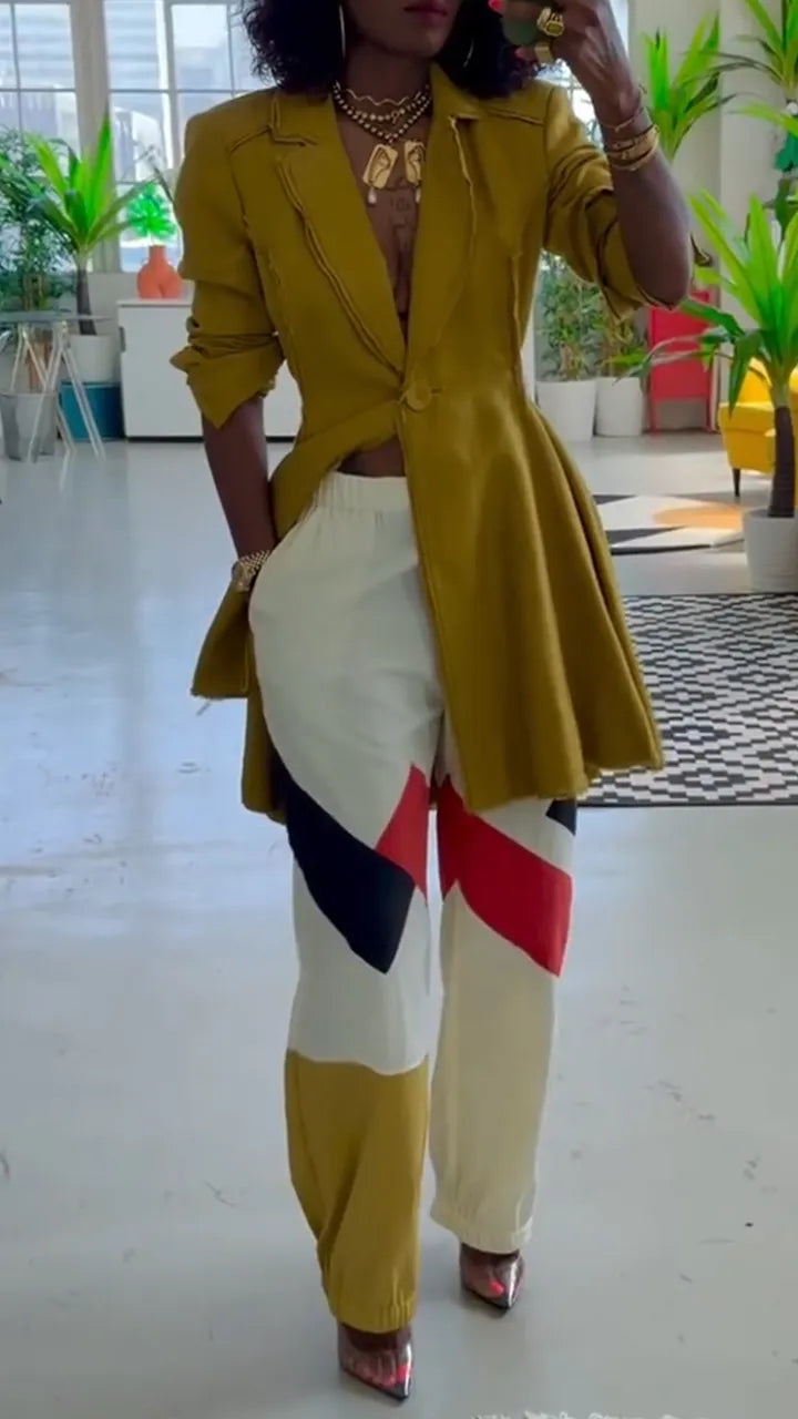Women Collar Patchwork Jacket + Contrasting Pants