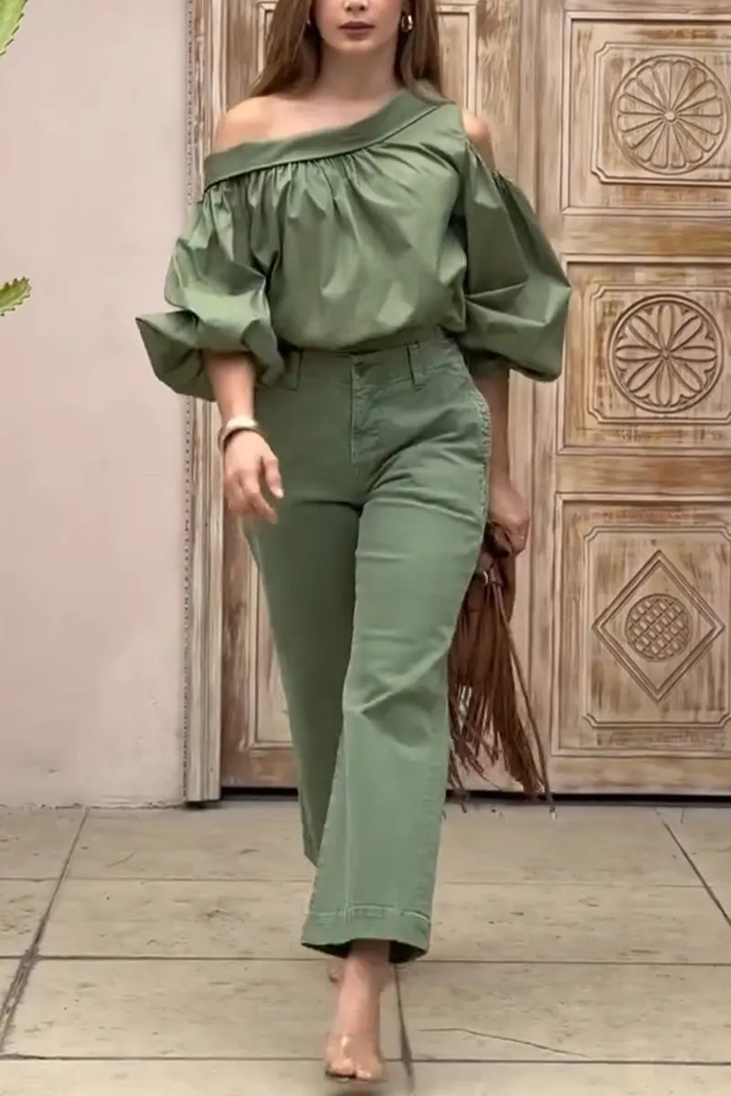 Women Off Shoulder Top+ Pants Casual Outfit with Temperament