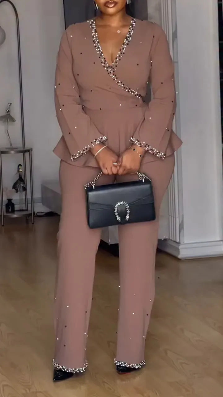 Women V-neck Nail Bead Top + Pants Temperament Commuting Suit