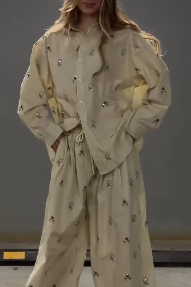 Women Collar Embroidered Flower Shirt+ Wide Leg Pants Casual Set