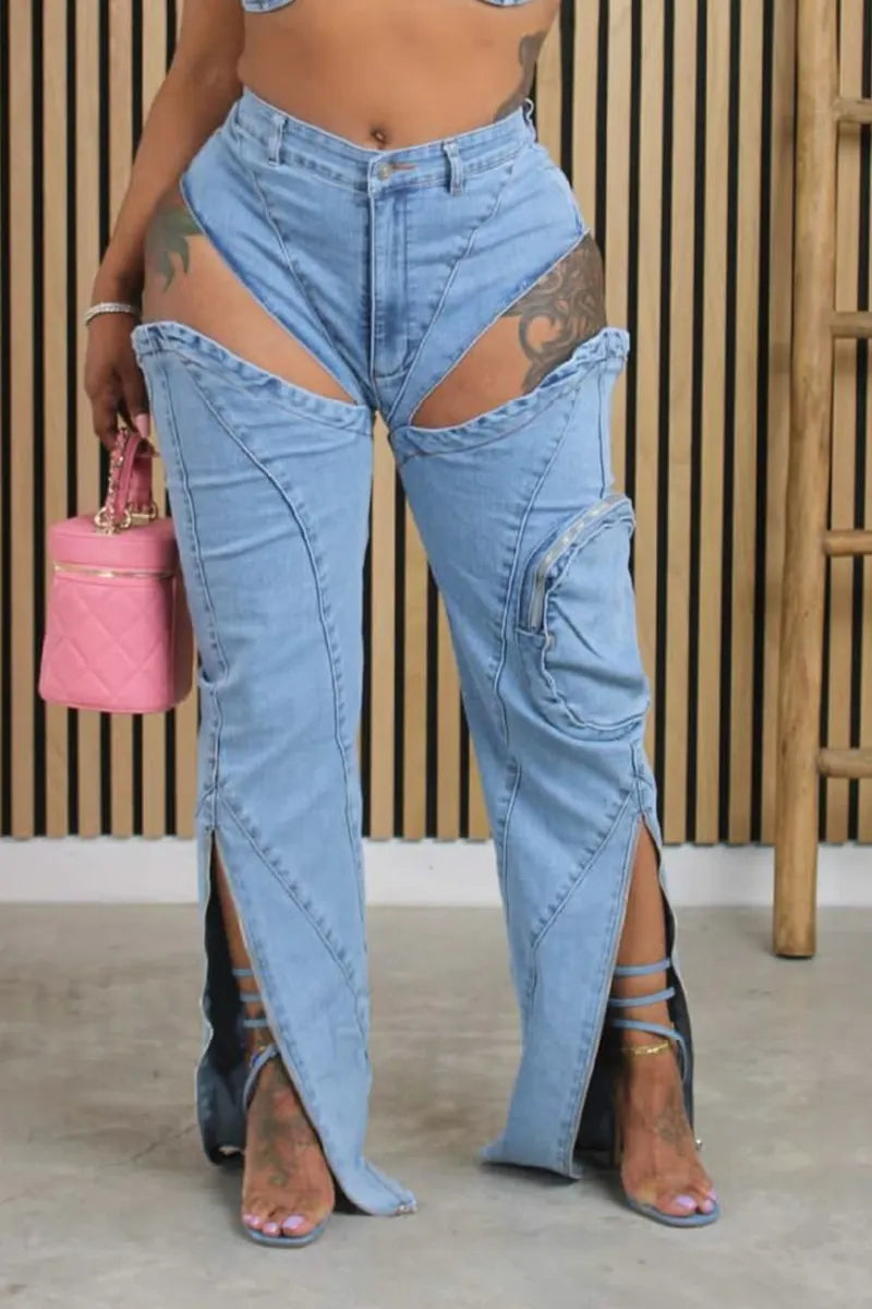 Ladies' Washed Elastic Denim Special Split Zipper 3d Pocket Belt Sexy Top And Pants