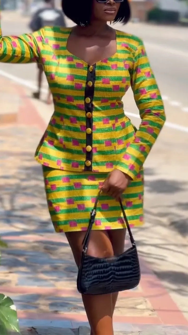 Women Square Neck Button Printed Jacket + Half Skirt Casual Set with Temperament