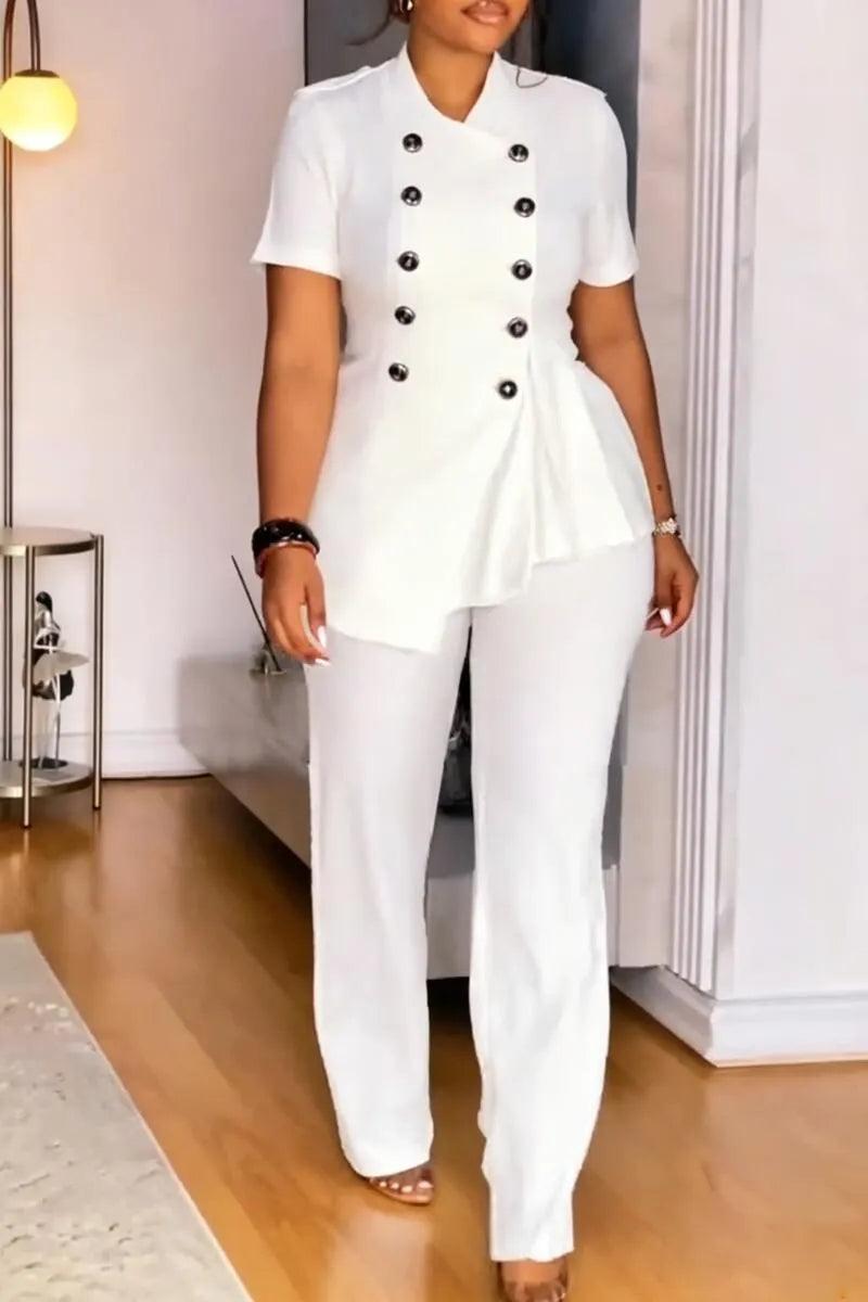 Women Round Neck Double Breasted Top and Pants Casual Suit