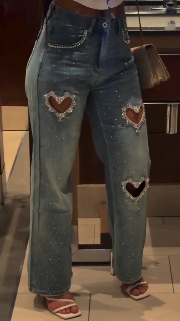 Women Heart-shaped Hollow Hot Diamond Washed Casual Jeans