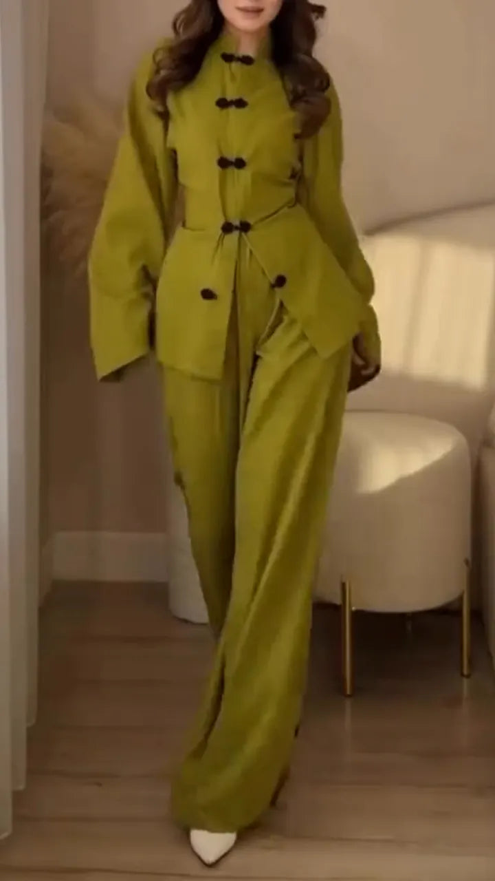 Women Round Neck Breasted Top and Pants New Chinese Casual Suit