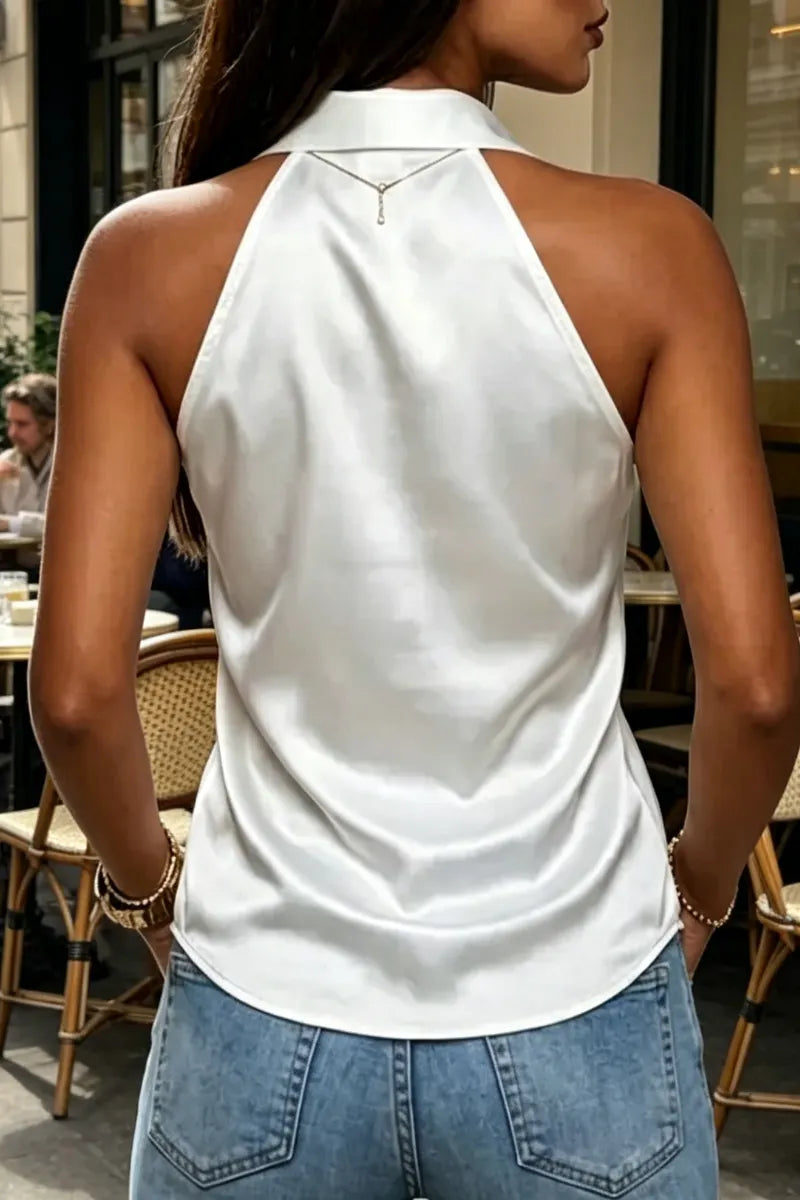 Women Collar Sleeveless Satin Casual Top
