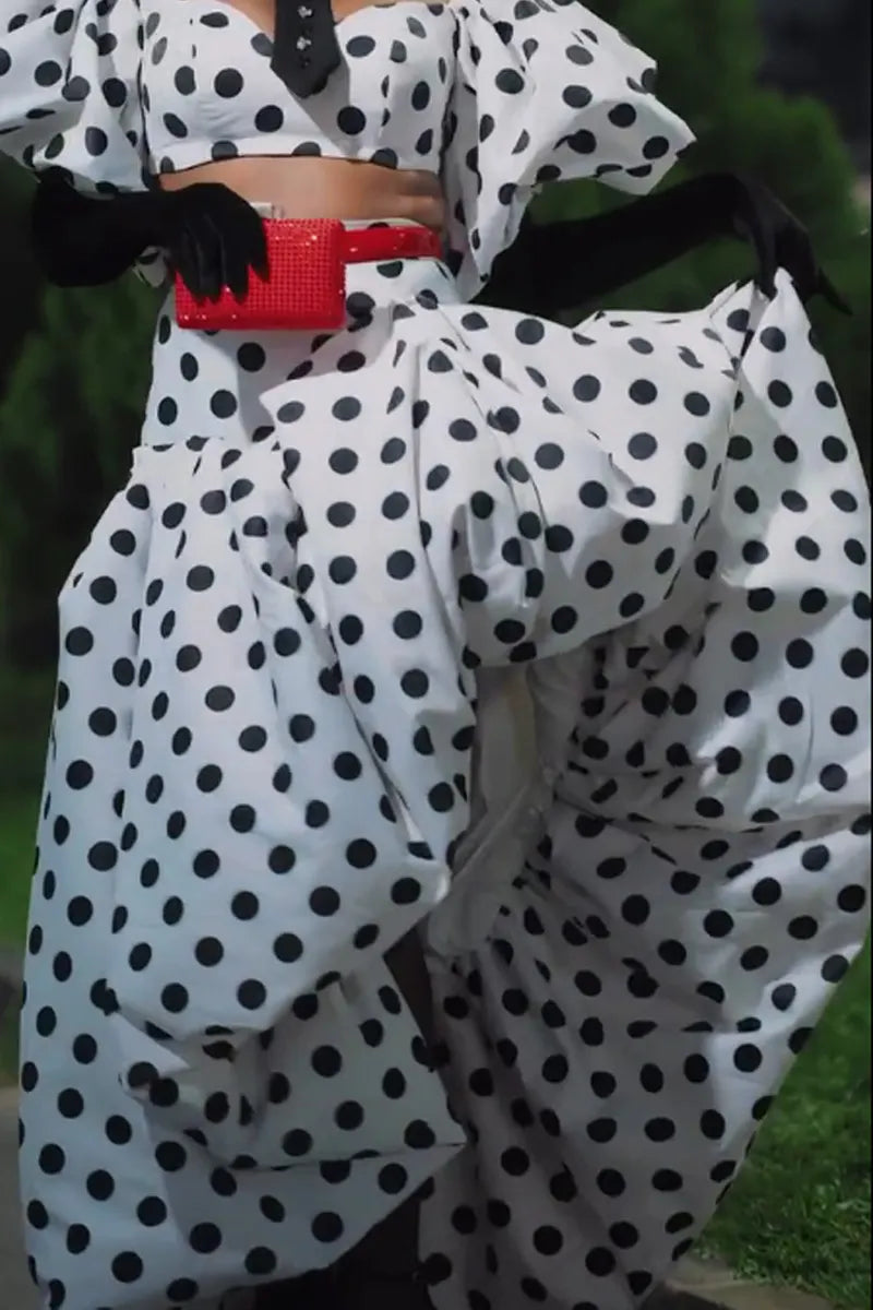 Women's Polka Puff Sleeve Crop Top & High-Waisted Maxi Skirt
