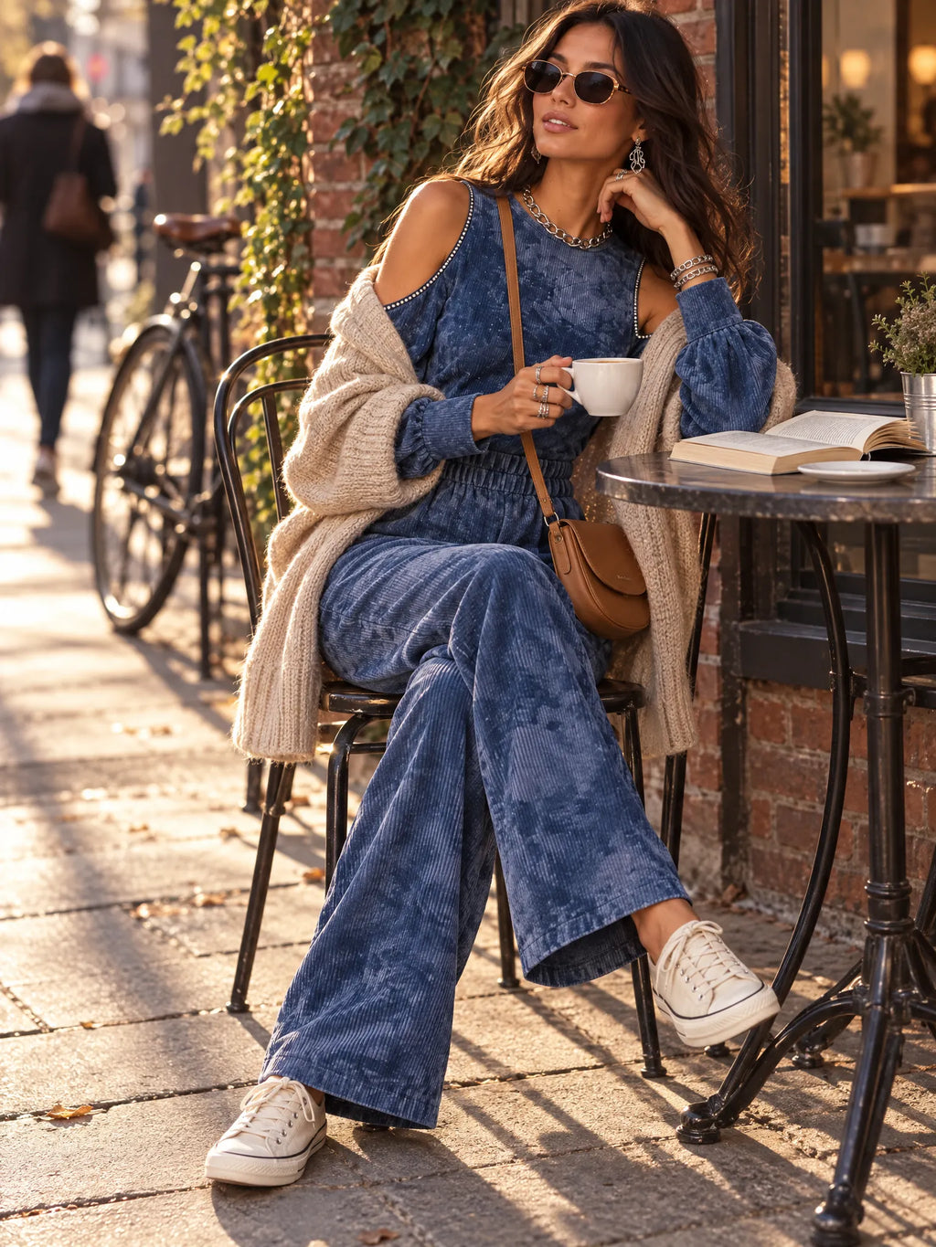 Blue Mottled Cold-Shoulder Wide-Leg Jumpsuit with Long Blouson Sleeves